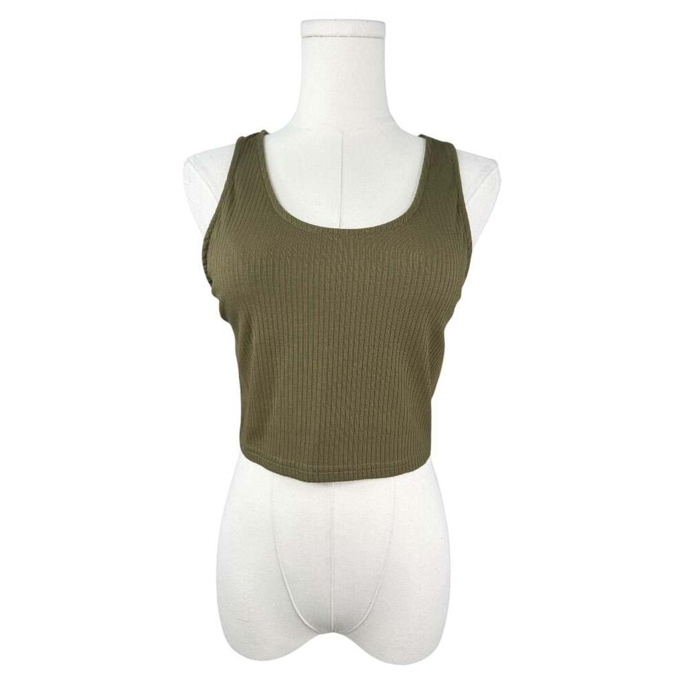 Women's Sleeveless Ribbed Scoop Neck Basic Crop Tank Top Olive Green Sz. M